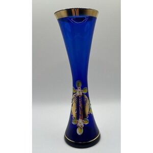 Nasco Japan Cobalt Blue Vase, Gold Gilt, Hand Painted Enamel Flowers 8"